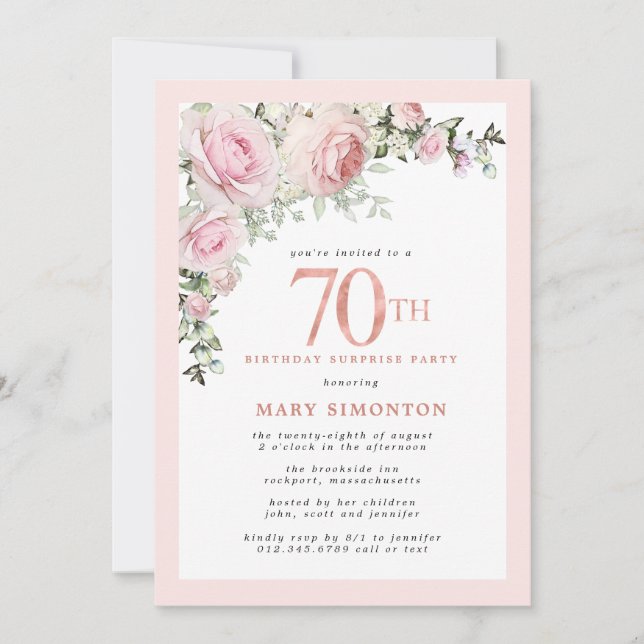 70:e födelsedag Den  Blommigten för Rosa i Party Inbjudningar (Framsida)