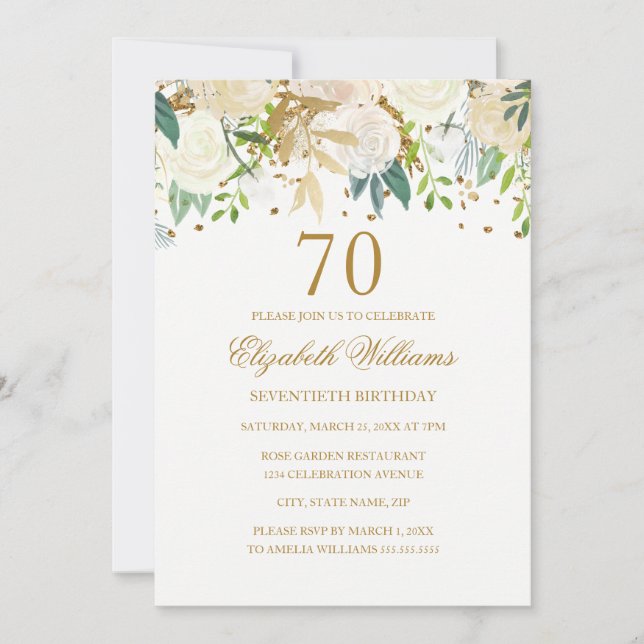 70:e födelsedag Elegant Guld Blommigt Inbjudan (Framsida)
