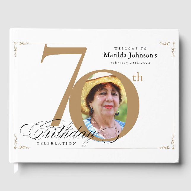 70:e födelsedag Elegant Vit Guld-kalligrafi Gästböcker (Framsida)