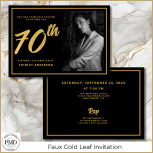 70:e födelsedag Eleganten Photo Black Faux Guld Lö Inbjudningar