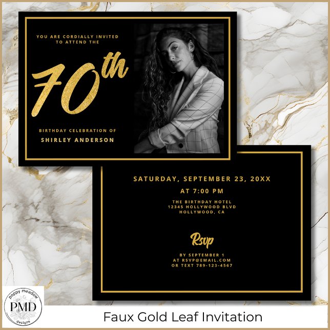 70:e födelsedag Eleganten Photo Black Faux Guld Lö Inbjudningar (70th Birthday Photo Black and Faux Gold Leaf Elegant Invitation with Party Details on the Back.)