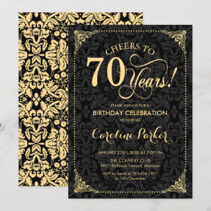 70:e födelsedag - Guld Black Damask Inbjudningar