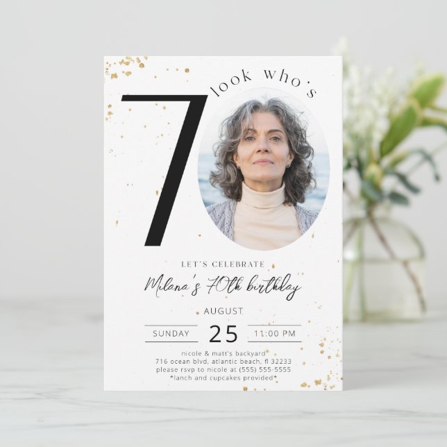 70:e födelsedag Guld-inbjudan med foto Inbjudningar (Stående Fram)