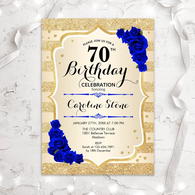 70:e födelsedag - Guld Rand Royal Blue Ro Inbjudningar (Skapare uppladdad)