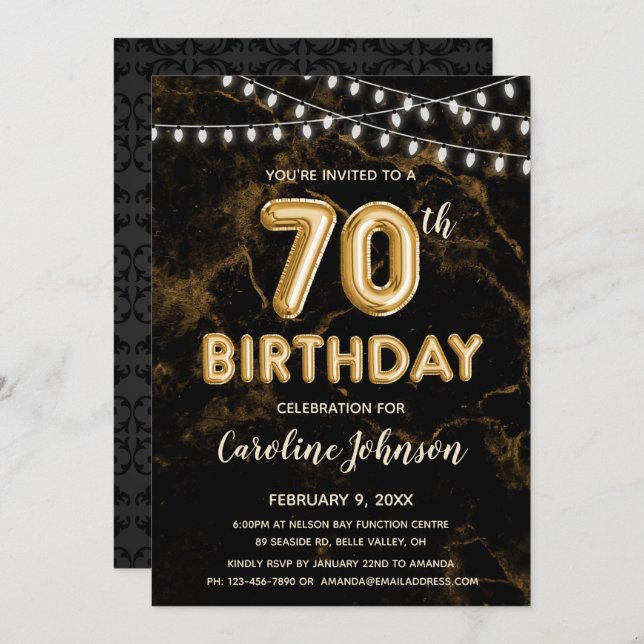 70:e födelsedag i Guld Inbjudningar (Fram/baksida)