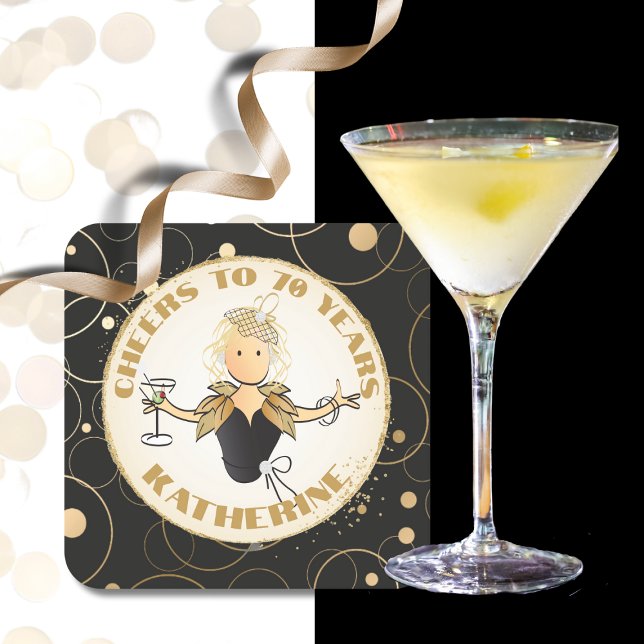 70:e födelsedag, kvinnlig Tecknad Guld Svartvit Underlägg Papper Kvadrat (Skapare uppladdad)