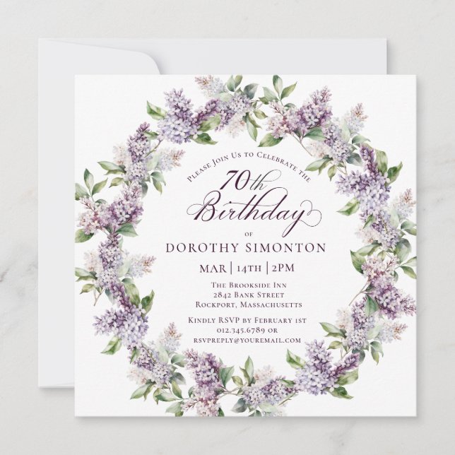 70:e födelsedag Lila Lilac Vår Flower Square Inbjudningar (Framsida)