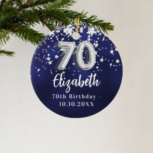 70:e födelsedag - marinblå silver-stjärnor julgransprydnad keramik