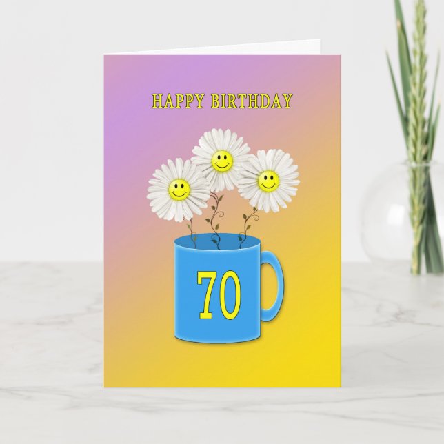 70:e födelsedag med lycklig-leende blommor kort (Framsida)