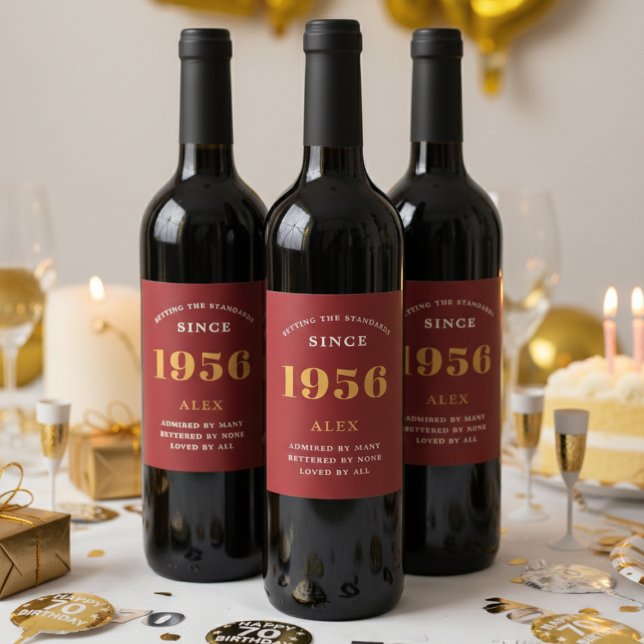 70:e födelsedag Namn 1956 Röda Guld Elegant Chic Vinflaska Etikett (70th birthday Personalized wine bottle labels)