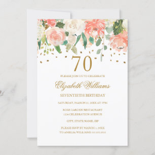 70:e födelsedag Peach Guld Blommigt-inbjudan Inbjudningar