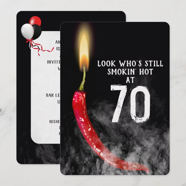 70:e födelsedag Röd Hett Pepper Candle Inbjudningar (Fram/baksida)