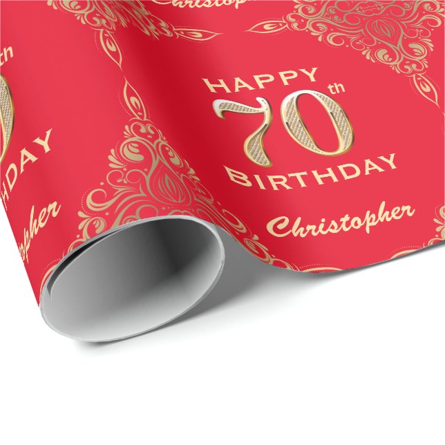 70:e födelsedag Röda och Guld Glitter Ram Presentpapper (Rullad Hörn)