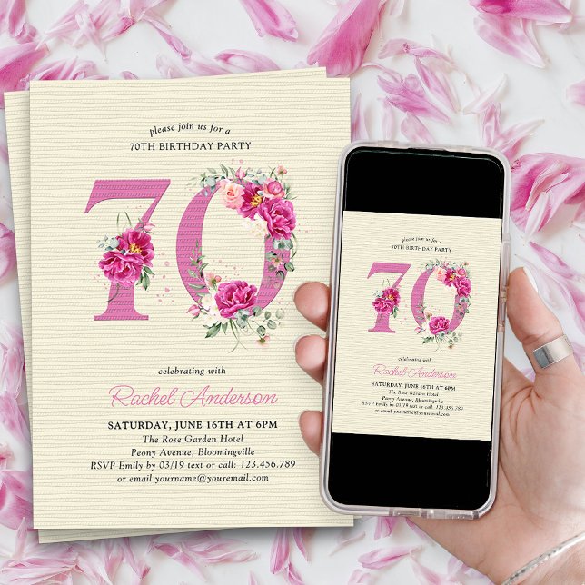 70:e födelsedag Rosa Peony-Blommigt nummer 70 Inbjudningar (70th Birthday Invitation with pink floral number 70 - elegant vintage design with roses and peonies)