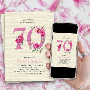 70:e födelsedag Rosa Peony-Blommigt nummer 70 Inbjudningar