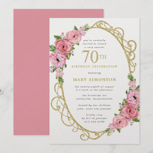 70:e födelsedag Rosa ros Blommigt Guld Inbjudningar