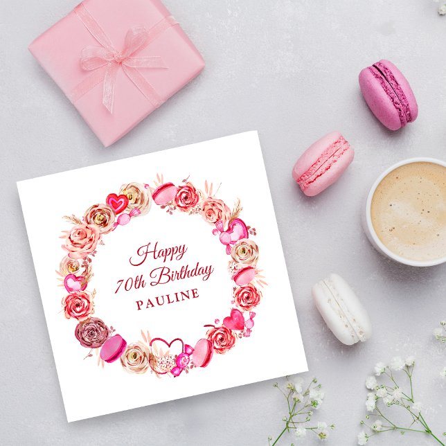 70:e födelsedag Rosa ros Swirly Heart Valentine Pappersservett (Skapare uppladdad)