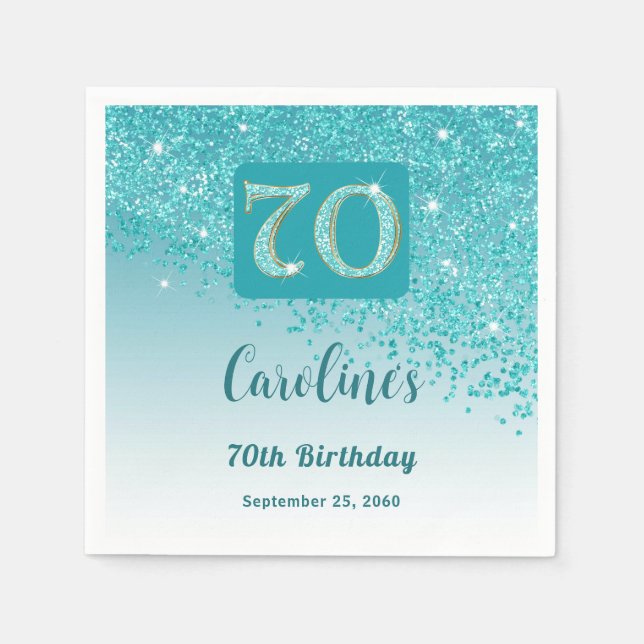 70:e födelsedag Söt Teal Blue Glitter Napkins Pappersservett (Framsidan)