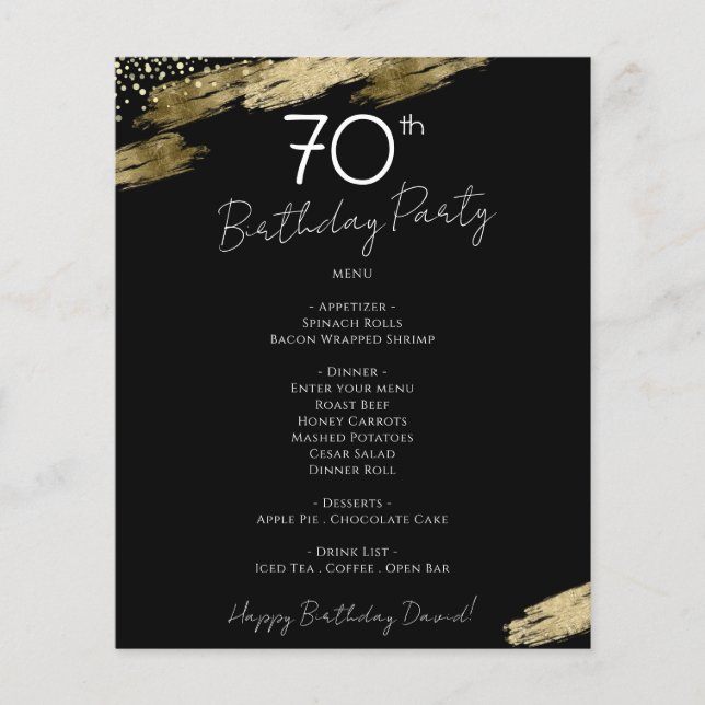 70:e födelsedag Svart och Guld Party Menu Flyer (Framsidan)