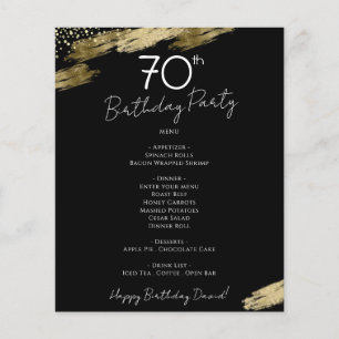 70:e födelsedag Svart och Guld Party Menu Flyer
