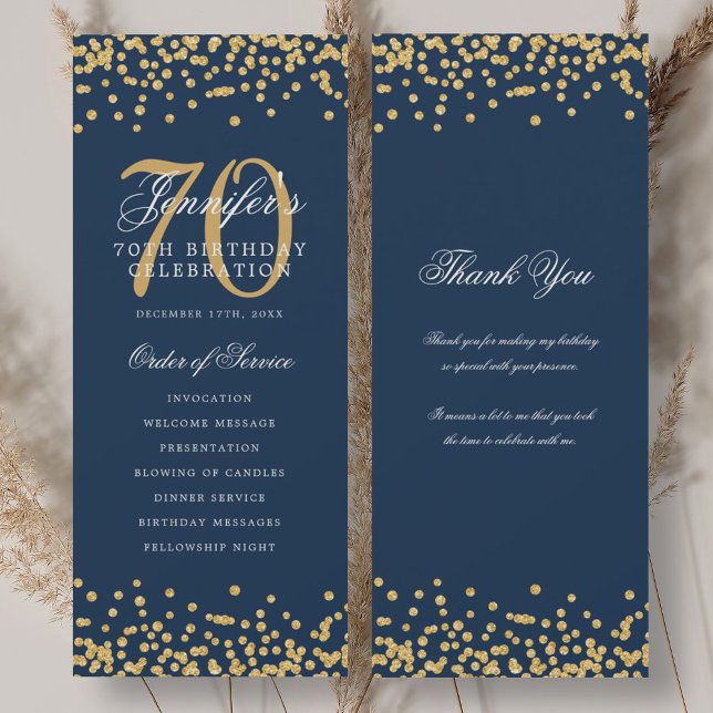 70:e födelsedag Tack Guld Inbjudningar (70th Birthday Program Thank You Gold Navy )