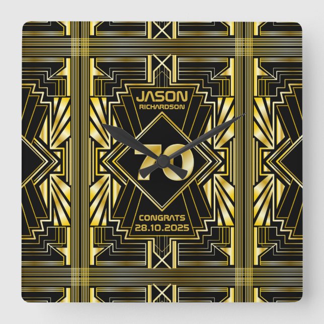 70:e födelsedagen Art Deco Guld Black Underbar Gat Fyrkantig Klocka (Framsida)