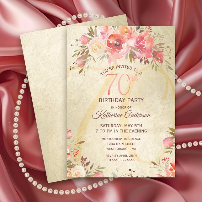 70:e födelsedagen Blommigt Rosa ros Guld Shimmer P Inbjudningar (Chic Pink Rose Floral Gold Shimmer 70th Birthday Party Invitation)