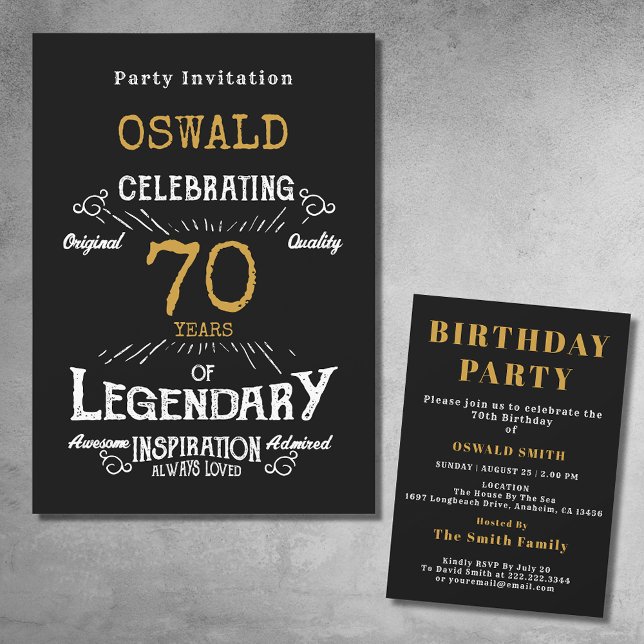 70:e födelsedagen Born Legendary Black Guld Retro Inbjudningar (For those celebrating their 70th birthday we have the ideal birthday party invitation)