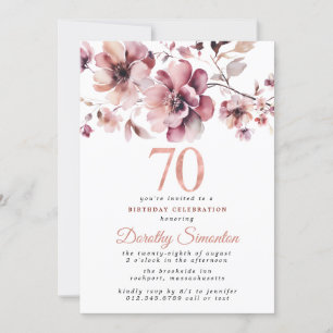 70:e födelsedagen Burgundy Dusty Rosa Blommigt Inbjudningar