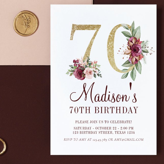 70:e födelsedagen Burgundy Guld Blommigt Inbjudningar (Skapare uppladdad)