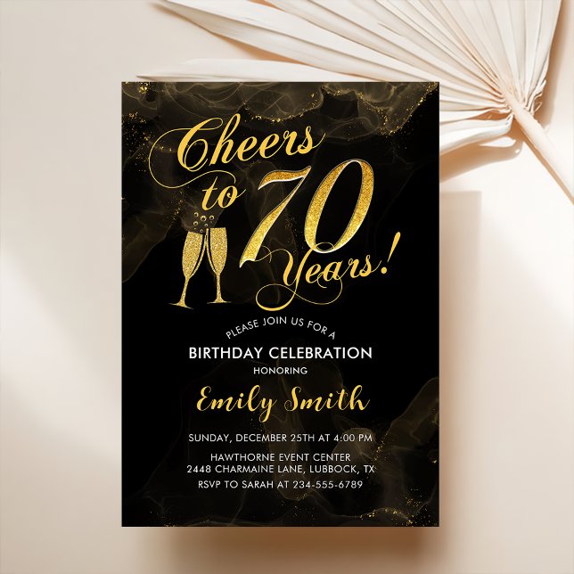 70:e födelsedagen - Cheers to 70 Years Guld Black Inbjudningar (Skapare uppladdad)