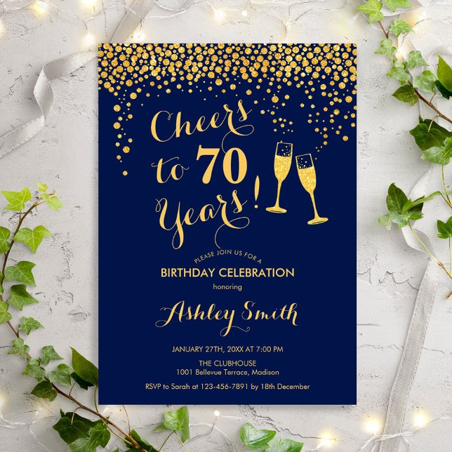 70:e födelsedagen - Cheers to 70 Years Guld Inbjudningar (Skapare uppladdad)