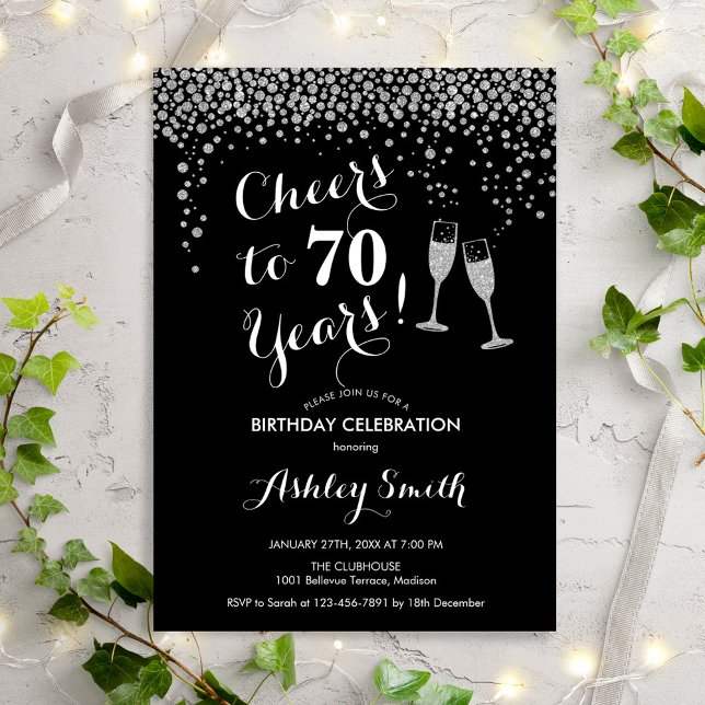 70:e födelsedagen - Cheers to 70 Years Silver Blac Inbjudningar (Skapare uppladdad)