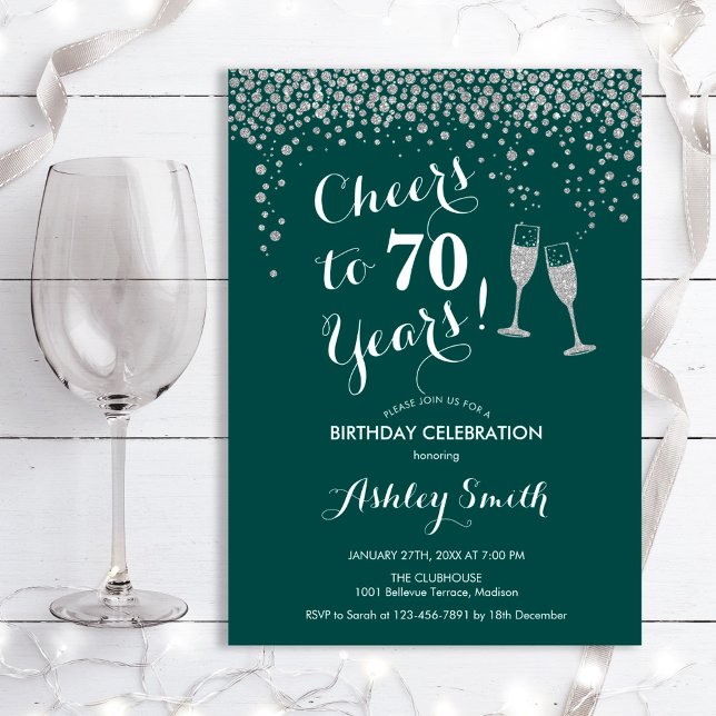 70:e födelsedagen - Cheers to 70 Years Silver Grön Inbjudningar (Skapare uppladdad)