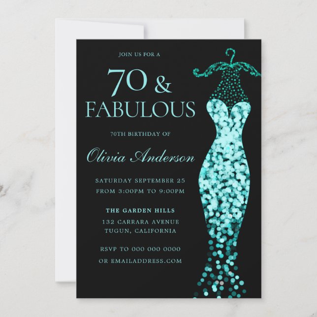 70:e födelsedagen: Glamous Mint Teal Dress Fabulou Inbjudningar (Framsida)