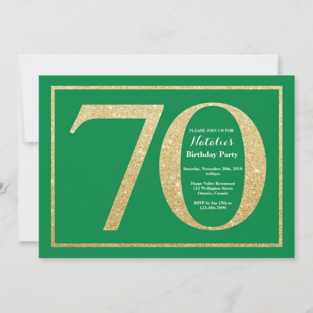 70:e födelsedagen Grönt och Guld Glitter Inbjudningar (Framsida)