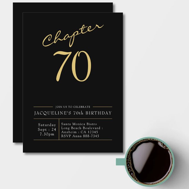 70:e födelsedagen Guld Modern Black Inbjudningar (Chapter 70th. 70th Birthday black and gold birthday invitation with name and age.)