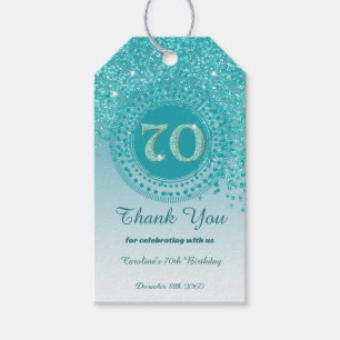 70:e födelsedagen i Modern Falling Teal Blue Glitt Presentetikett