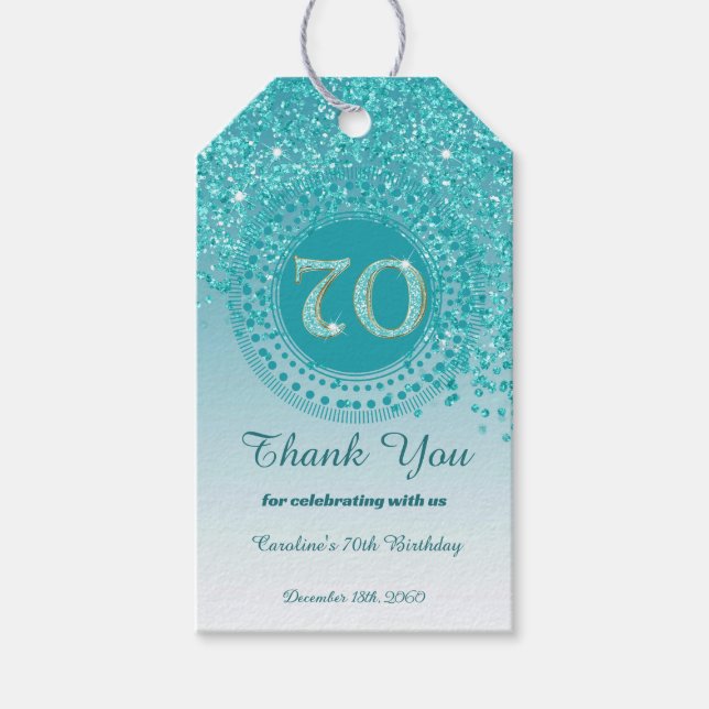70:e födelsedagen i Modern Falling Teal Blue Glitt Presentetikett (Framsidan)