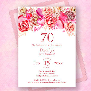 70:e födelsedagen Valentine Rosa ros Swirly Heart Inbjudningar