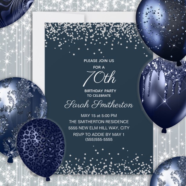 70:e födelsedagen vid marinblå Silver Diamond Glit Inbjudningar (Navy blue and silver glitter women's 70th birthday invitation)