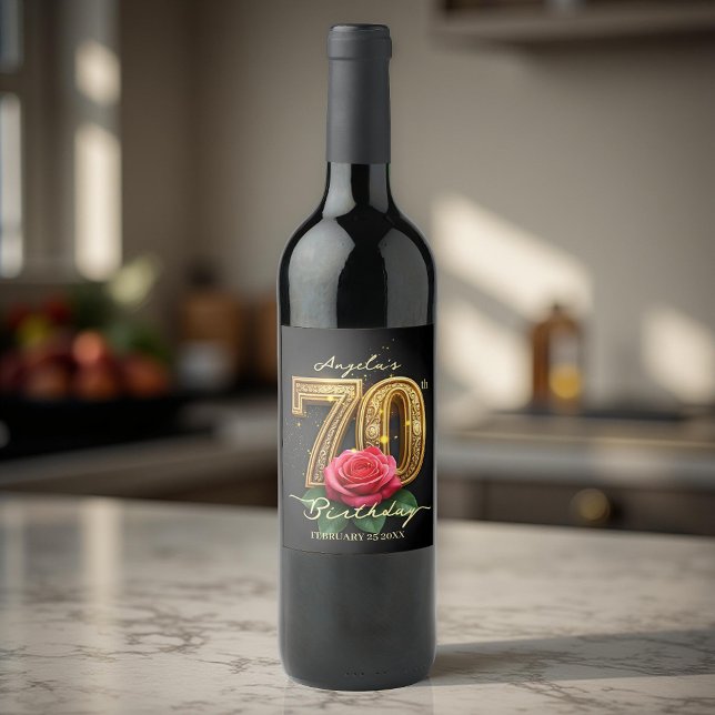 70:e födelsedagen vid Opulent Glamous Röd ros Guld Vinflaska Etikett (Skapare uppladdad)