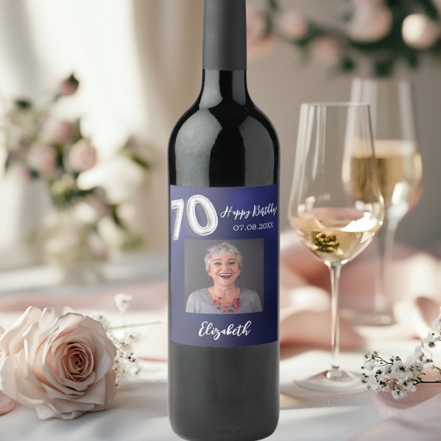 70:e födelsedagets blå foto vinflaska etikett (Skapare uppladdad)