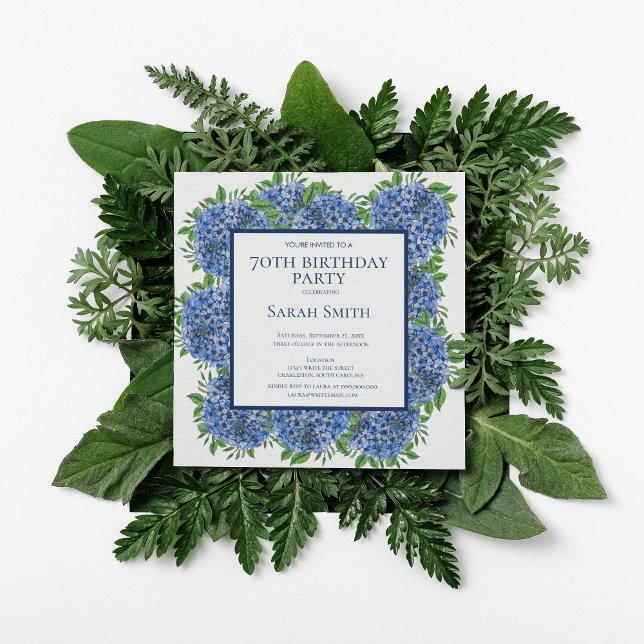 70:e födelsedagsblått Hydrangeas Watercolor Party  Inbjudningar (Skapare uppladdad)