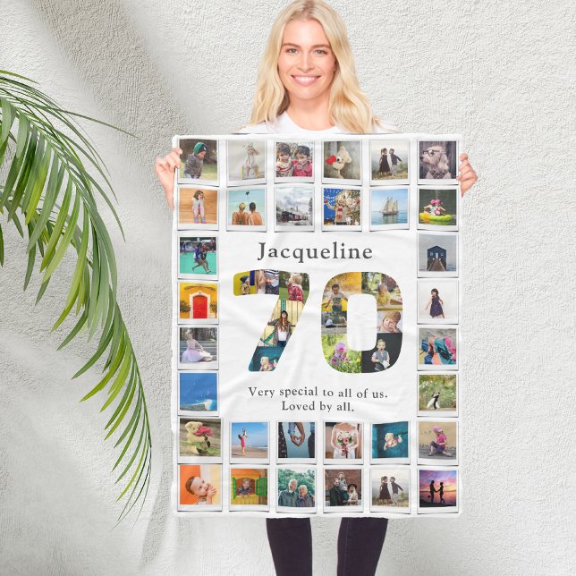 70:e födelsedagsfamiljens fotomall fleecefilt (Personalized 70th birthday white fleece blanket with family photo collage template.)