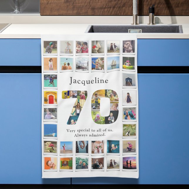 70:e födelsedagsfamiljens fotomall kökshandduk (70th birthday family photo template collage kitchen towel.)