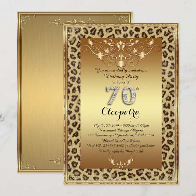 70:e, Födelsedagsfest 70:e, Royalet Cheetah guld p Inbjudningar (Fram/baksida)