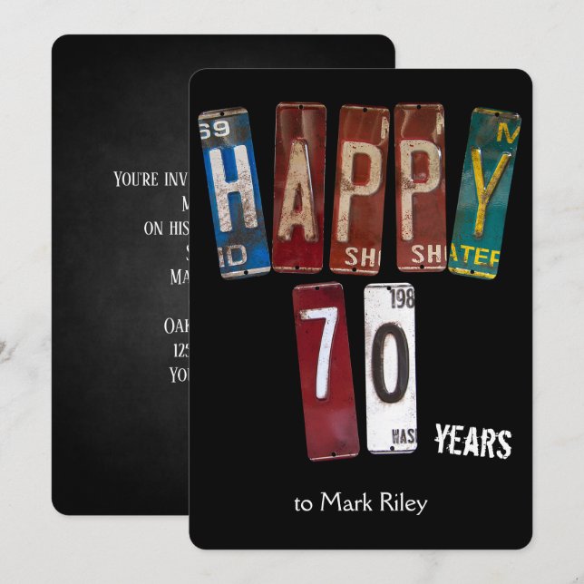 70:e födelsedagsfest-gamla licensen tallrikar inbjudningar (Fram/baksida)