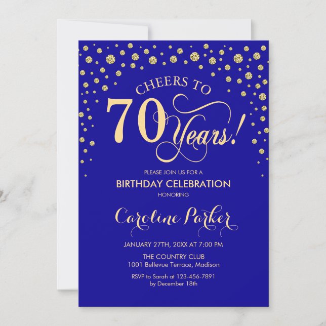 70:e Födelsedagsfest inbjudan - Guld Royal Blue (Framsida)
