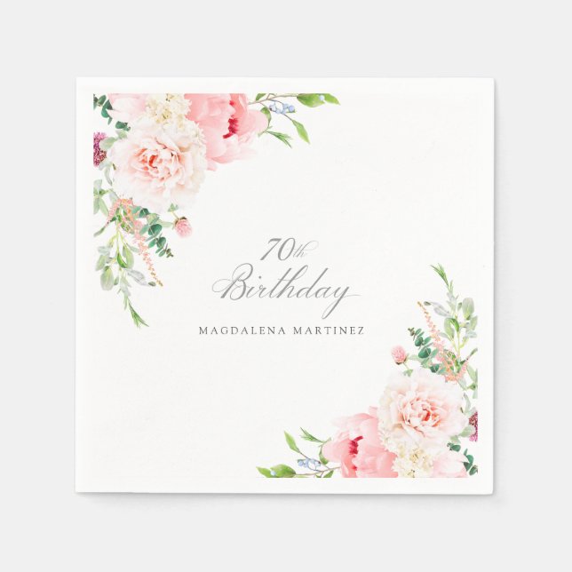 70:e Födelsedagsfest Rosa Blommigt Anpassningsbar  Pappersservett (Framsidan)